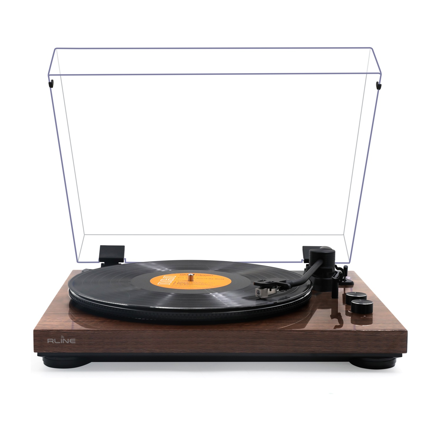 Un giradischi con base in legno, disco in vinile nero e coperchio antipolvere trasparente.