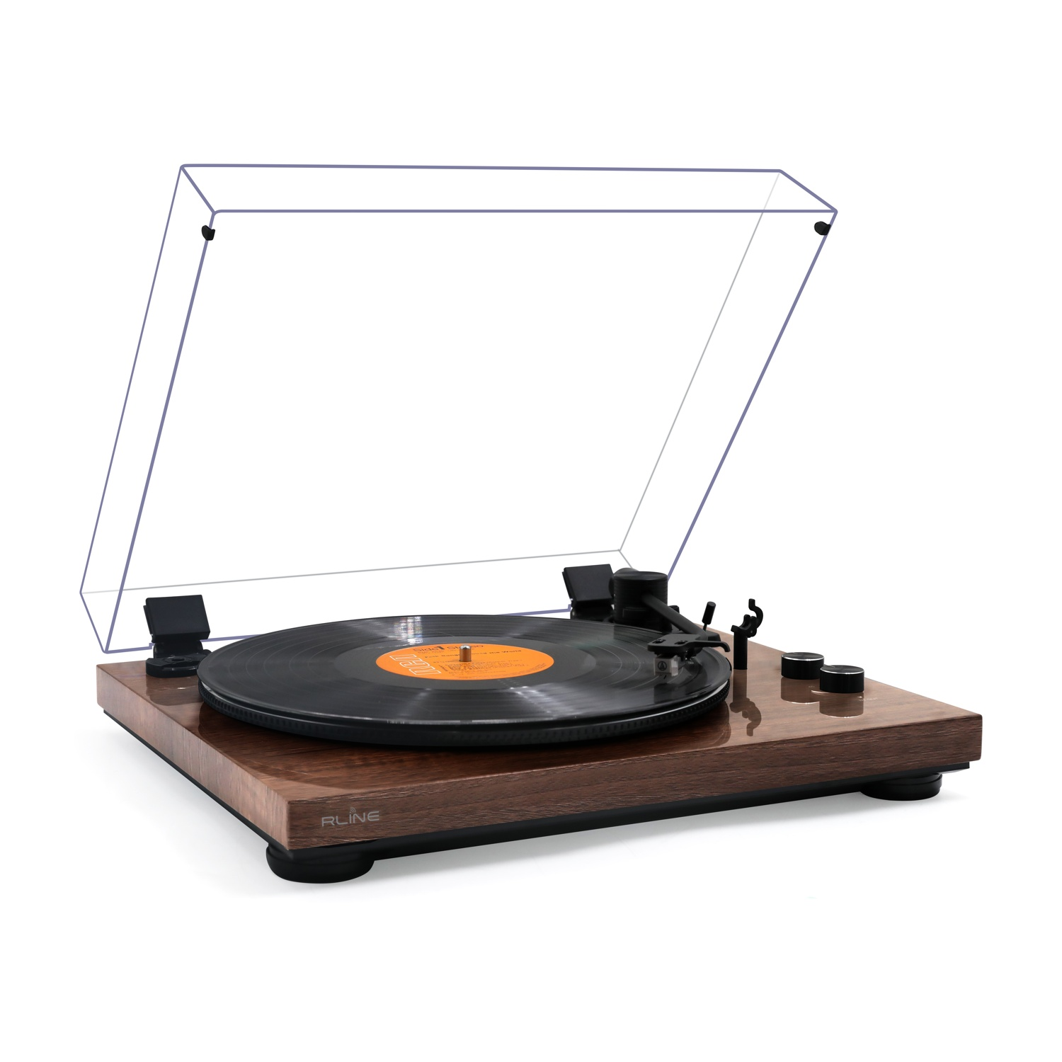Giradischi con base in legno e disco in vinile, coperchio trasparente aperto.