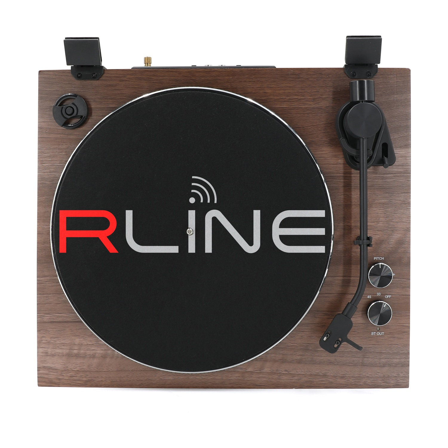 Un giradischi effetto legno con piatto nero e logo RLINE.