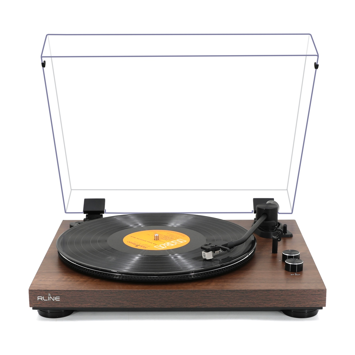 Un giradischi in legno con disco in vinile nero e puntina argentata.