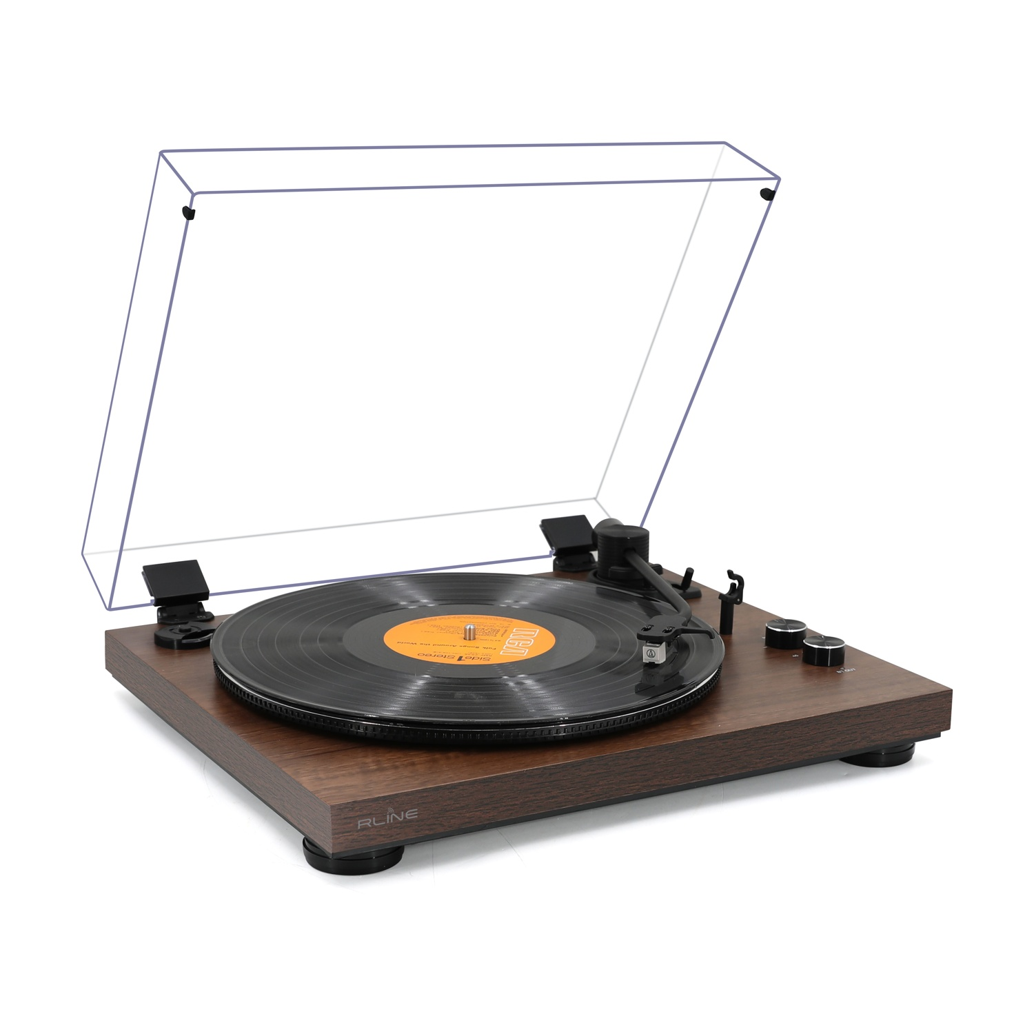 Un giradischi con un disco sopra e il coperchio aperto.