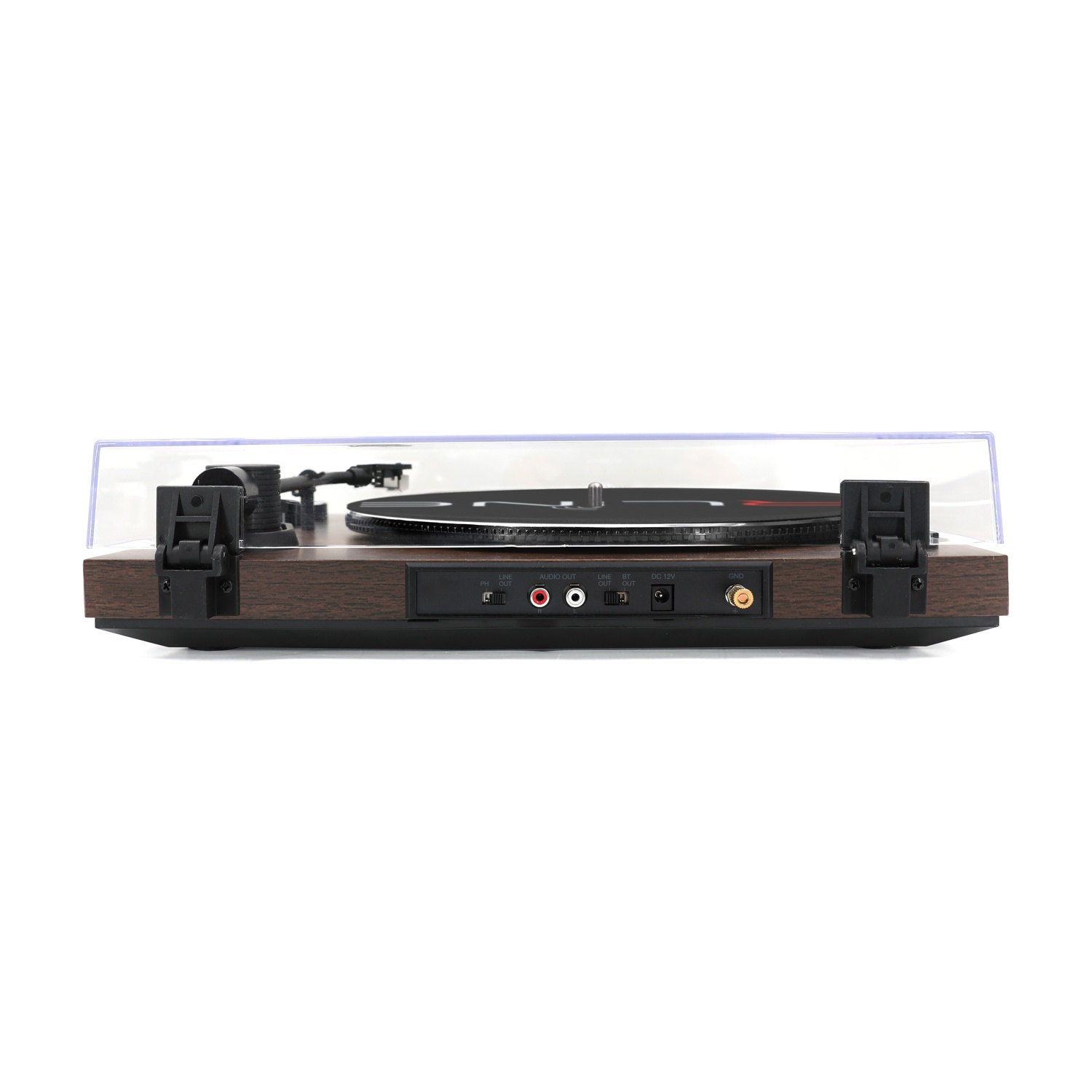 Giradischi con corpo in laminato di legno, braccio e porte di connessione posteriori.