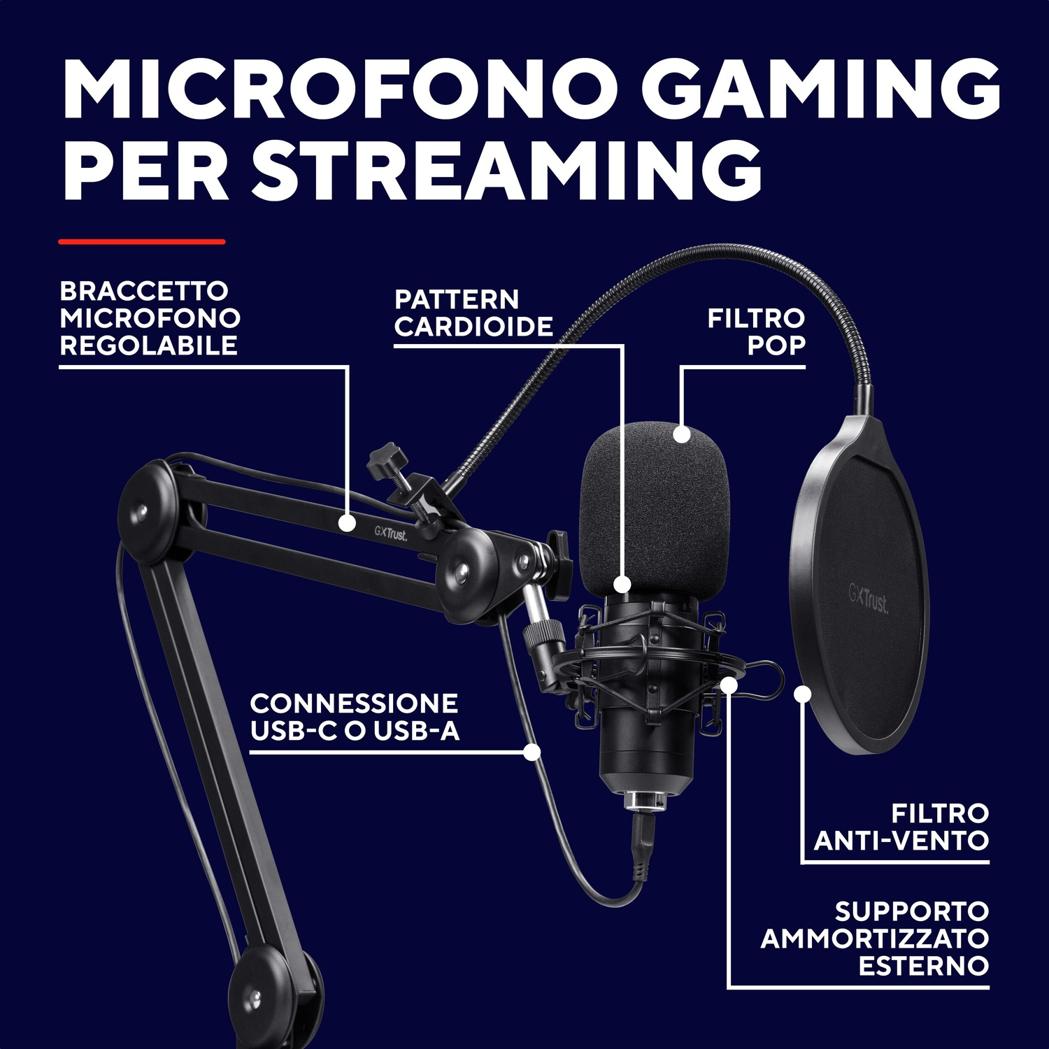 Microfono nero con braccio snodabile, filtro antipop e antivento.