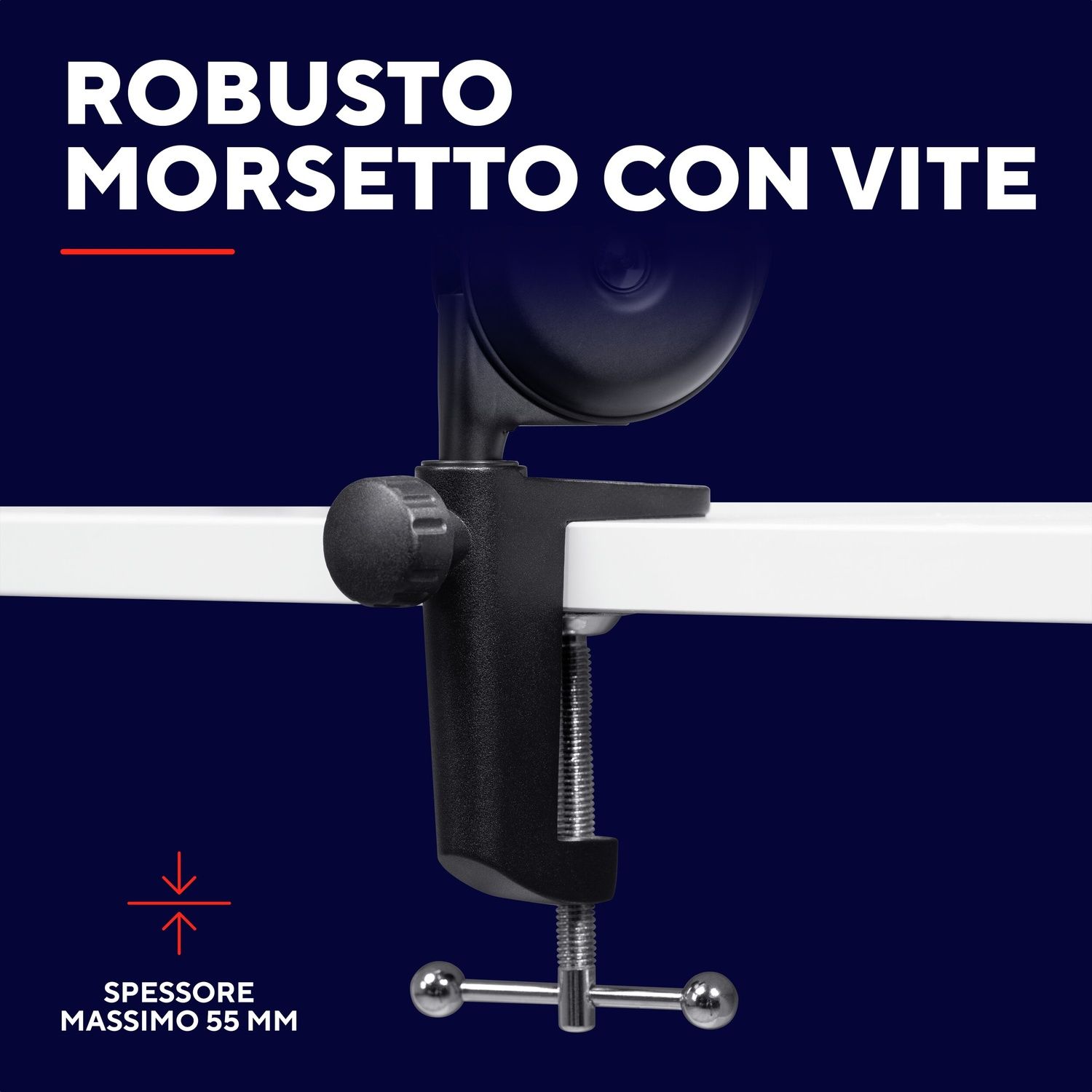 Morsetto nero con vite su superficie bianca, max 55 mm.