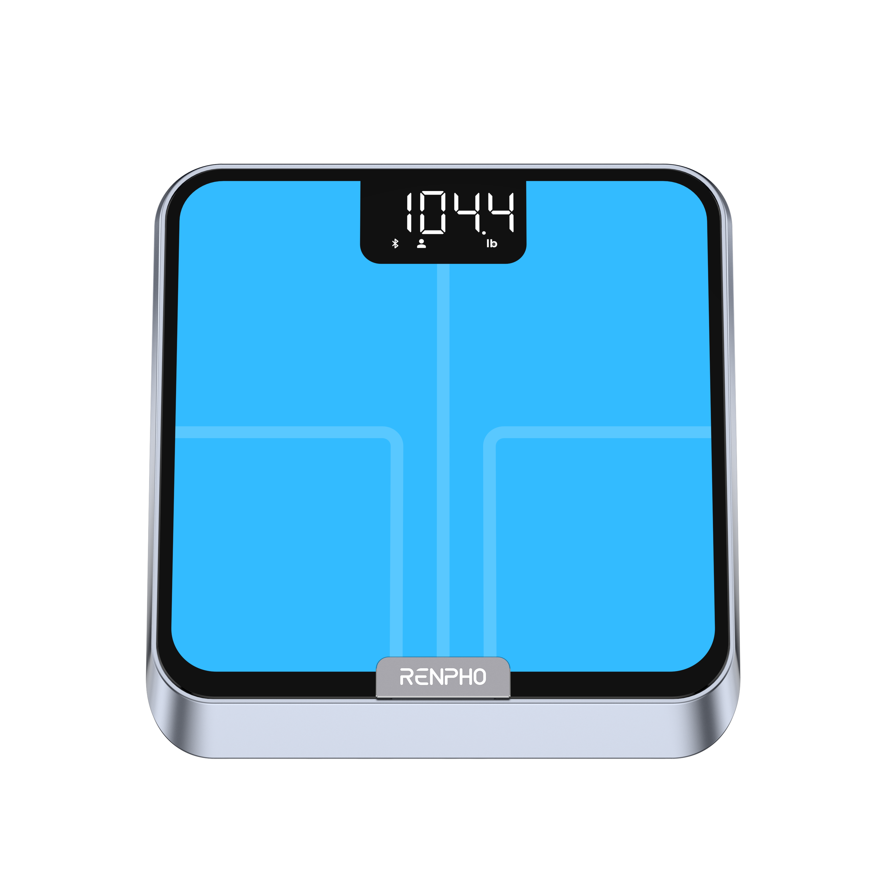 Eine blaue Personenwaage mit silbernem Rand zeigt 104,4 lb an.