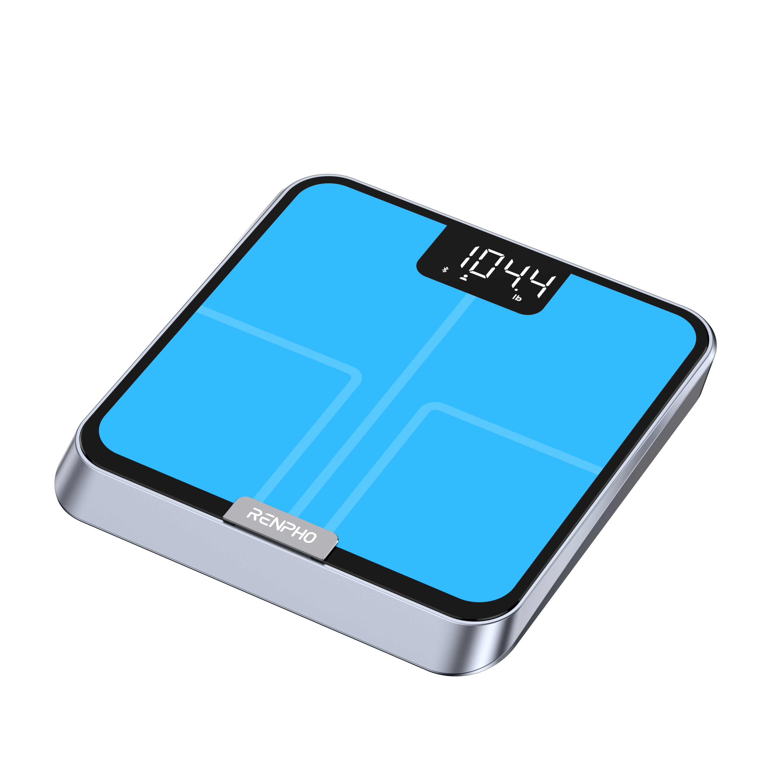 Eine silberne Personenwaage mit blauem Display und der Anzeige 104.4 lb.