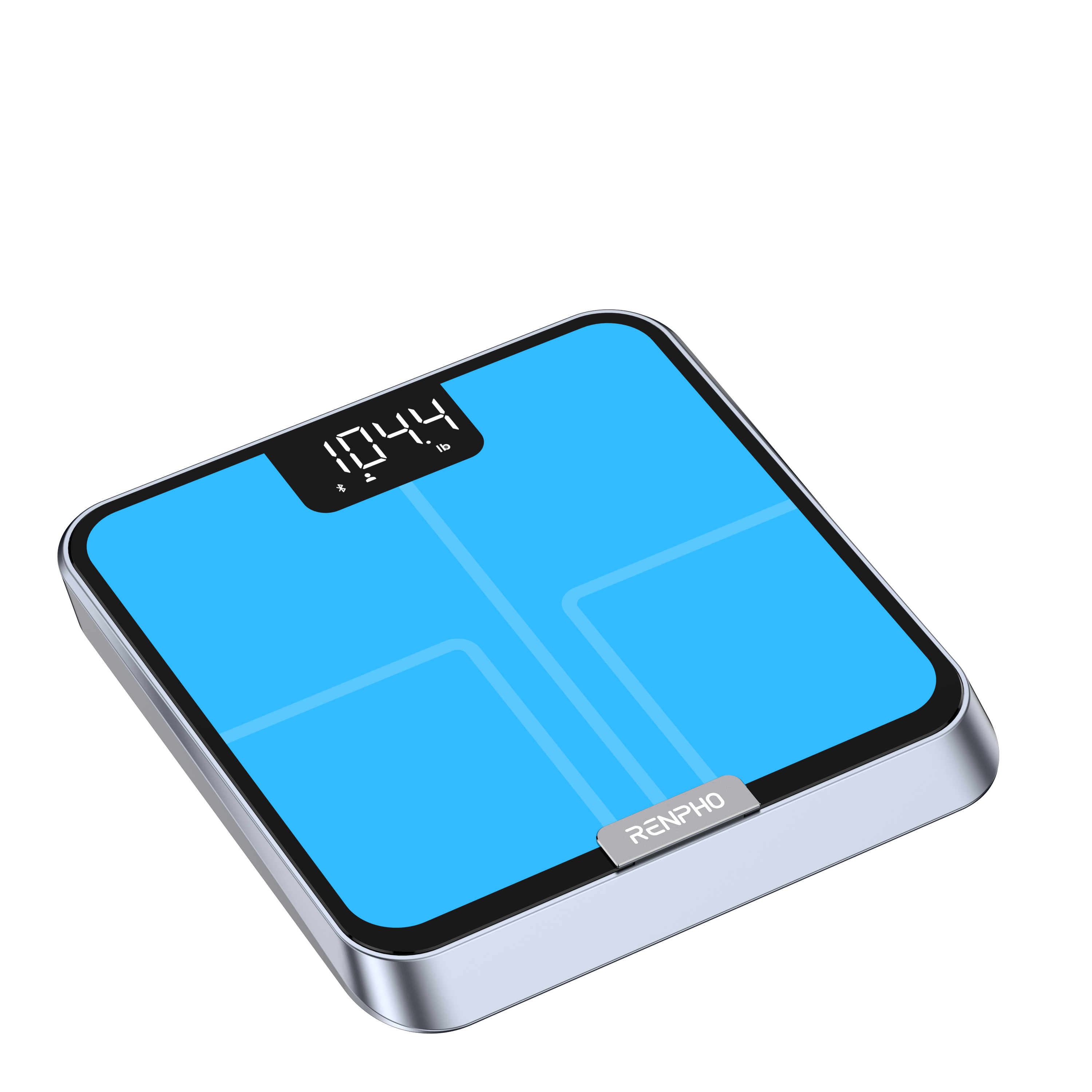 Eine blaue digitale Personenwaage mit silbernem Rahmen zeigt 104,4 lb an.