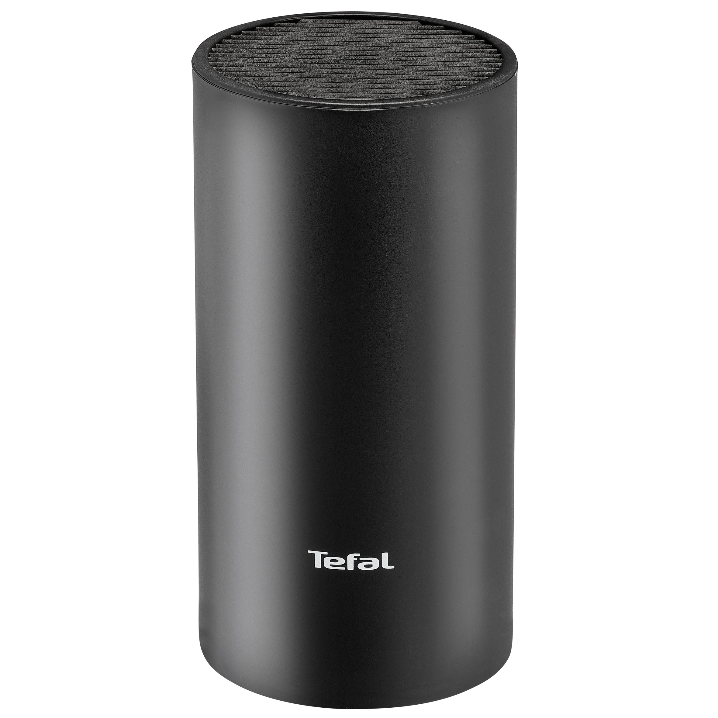 Fekete, hengeres késblokk Tefal logóval és lamellás tetővel.