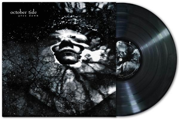 Schwarze Schallplatte mit Cover: Gesicht im Wasser, "october tide grey dawn"