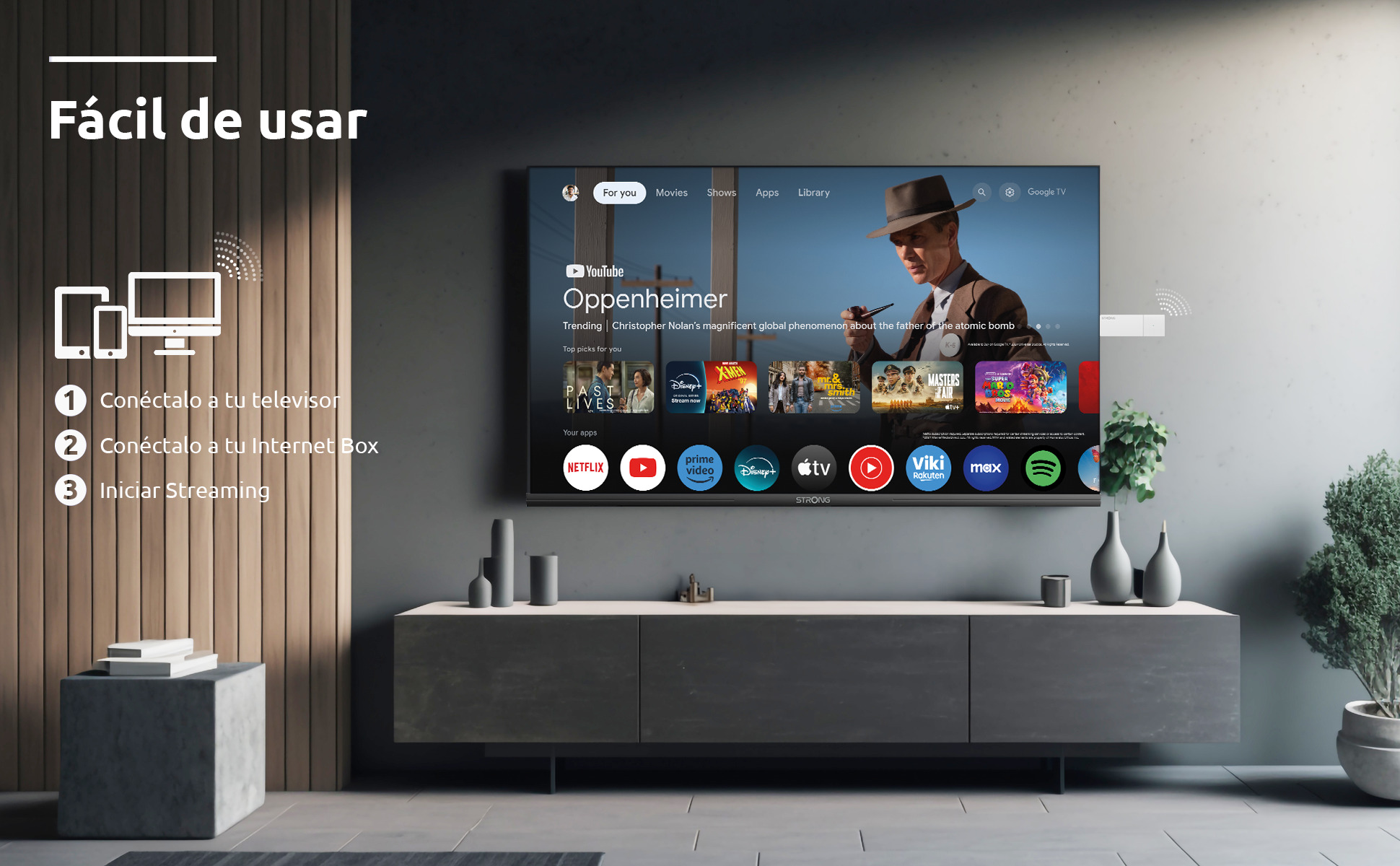 Smart TV moderno muestra página Oppenheimer con apps como Netflix y YouTube.