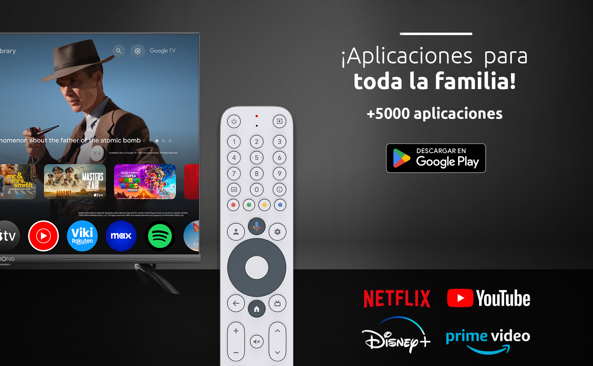 Un Smart TV con mando muestra una interfaz de películas y aplicaciones.
