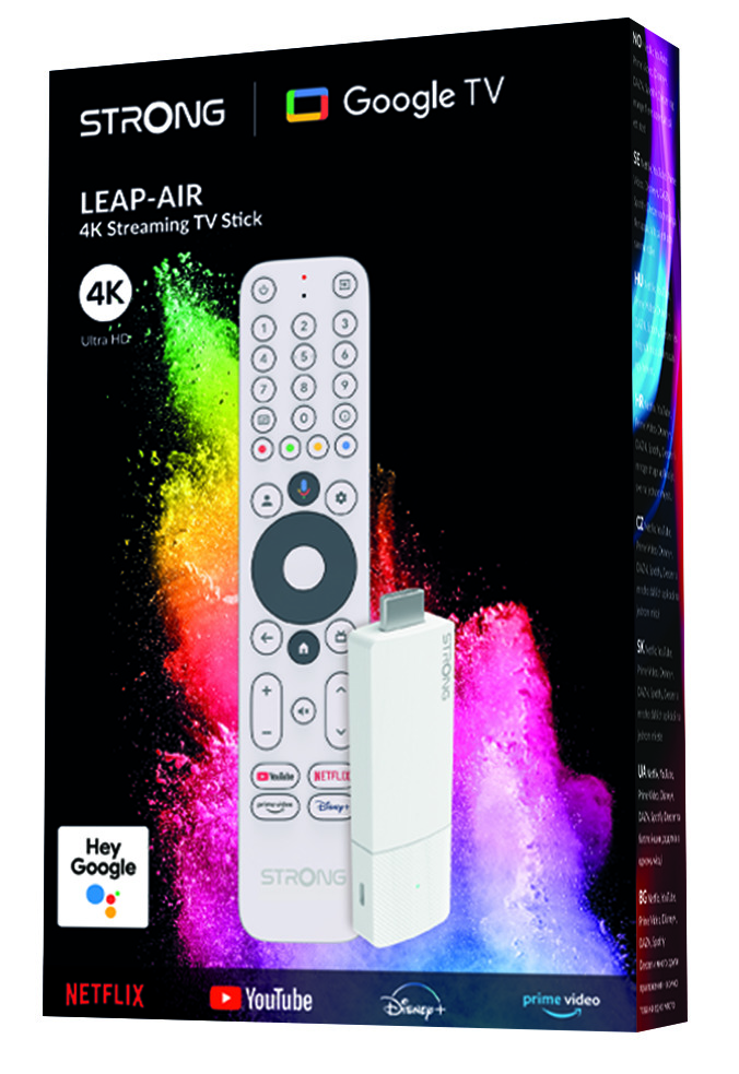 Embalaje del STRONG LEAP-AIR 4K Streaming TV Stick con mando.