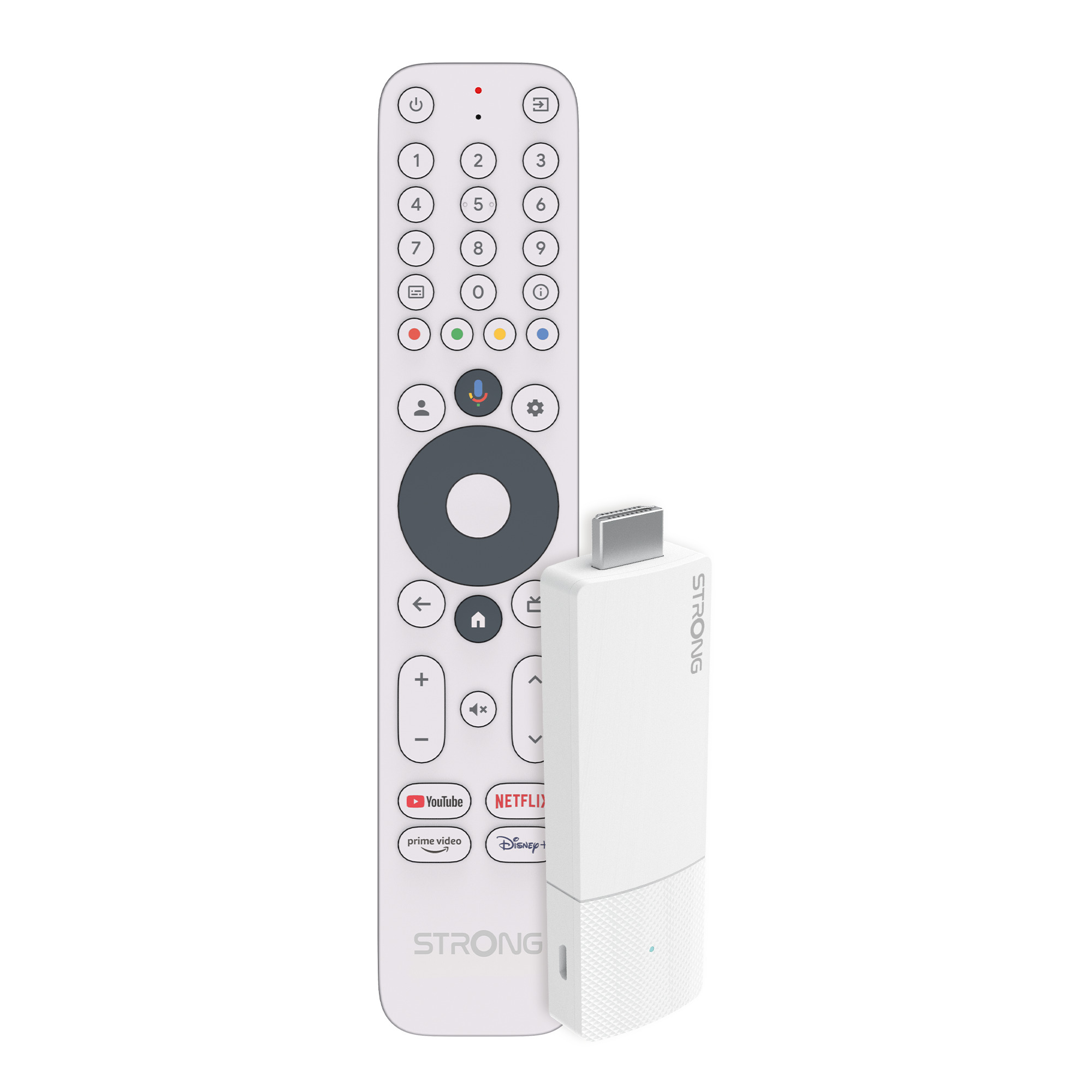 Un mando a distancia blanco y un stick blanco con conector HDMI.