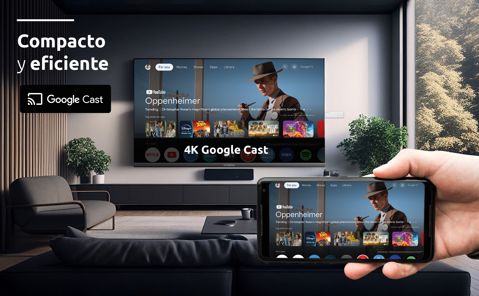 Un smartphone refleja la pantalla de un televisor con una interfaz de Google TV.
