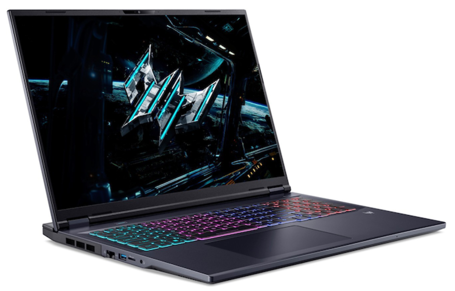 Un portátil oscuro con teclado retroiluminado y pantalla de ciencia ficción.
