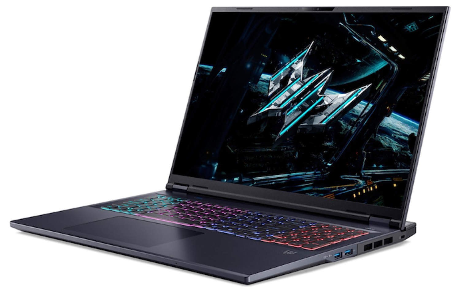 Un portátil oscuro con teclado RGB y fondo de pantalla futurista.