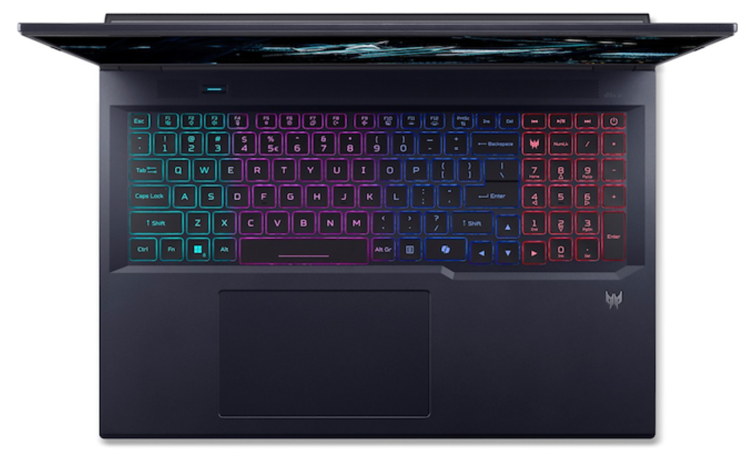 Un portátil oscuro con teclado retroiluminado en azul, morado y rojo.