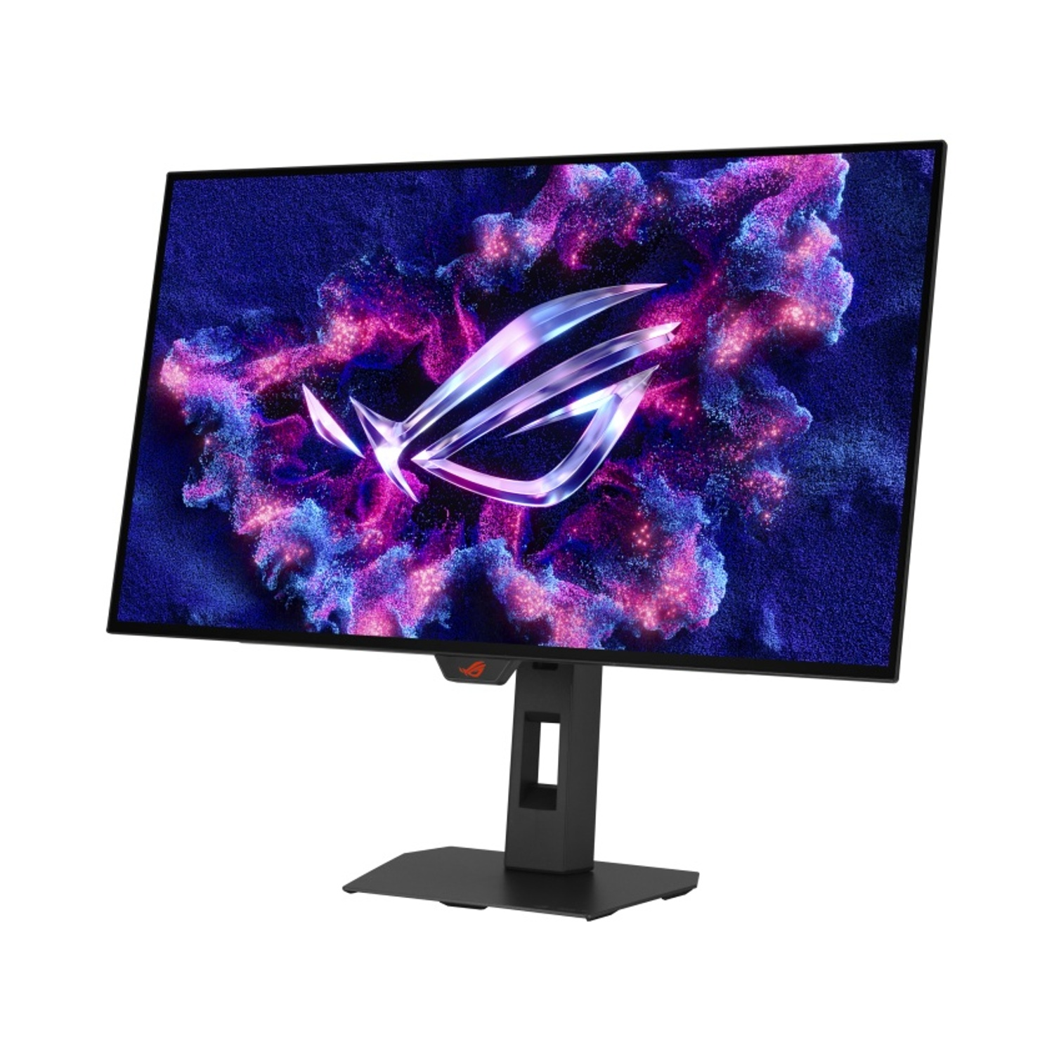 Un monitor per computer nero visualizza uno sfondo astratto e vibrante con particelle rosa e blu.