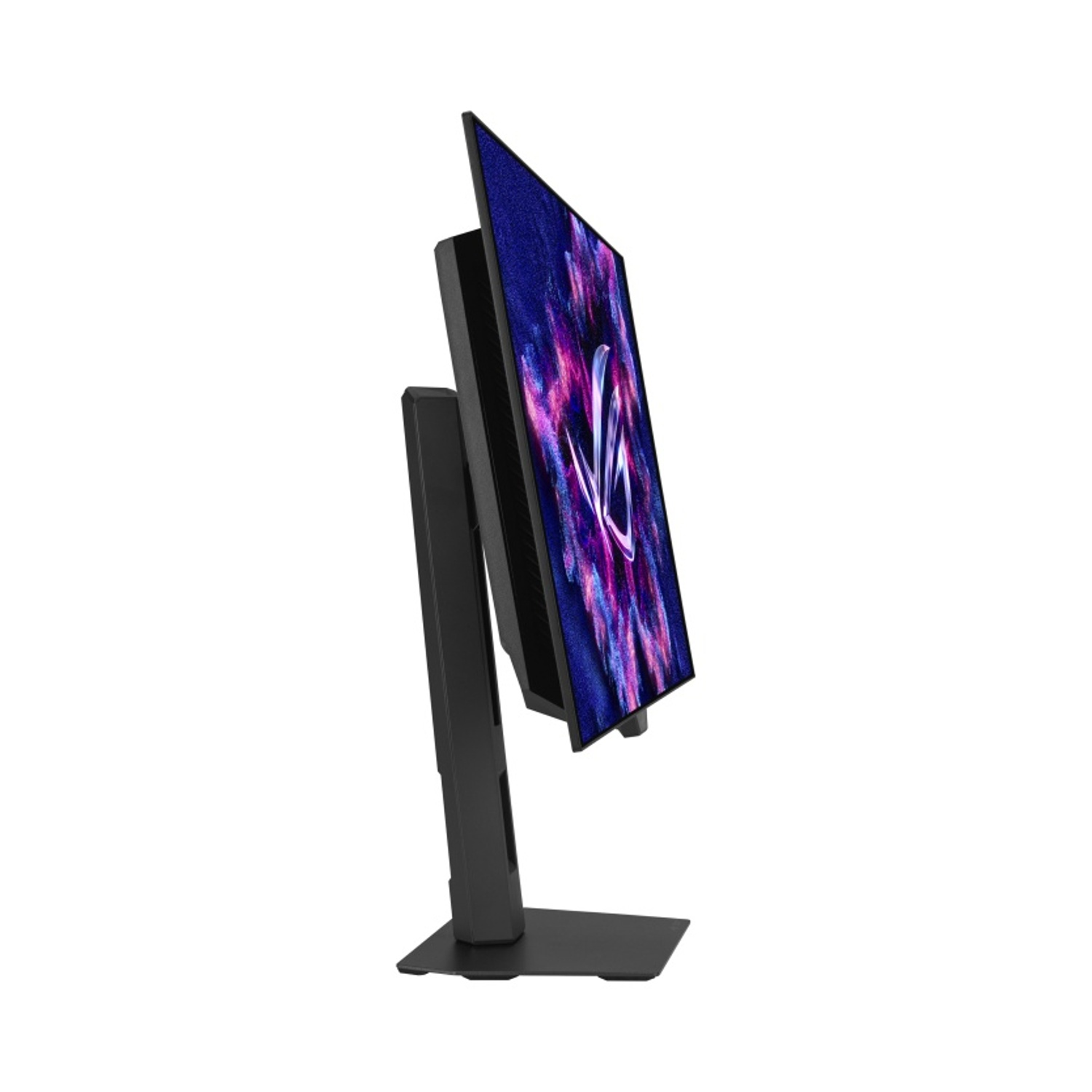 Un monitor nero su un supporto mostra un screensaver colorato.