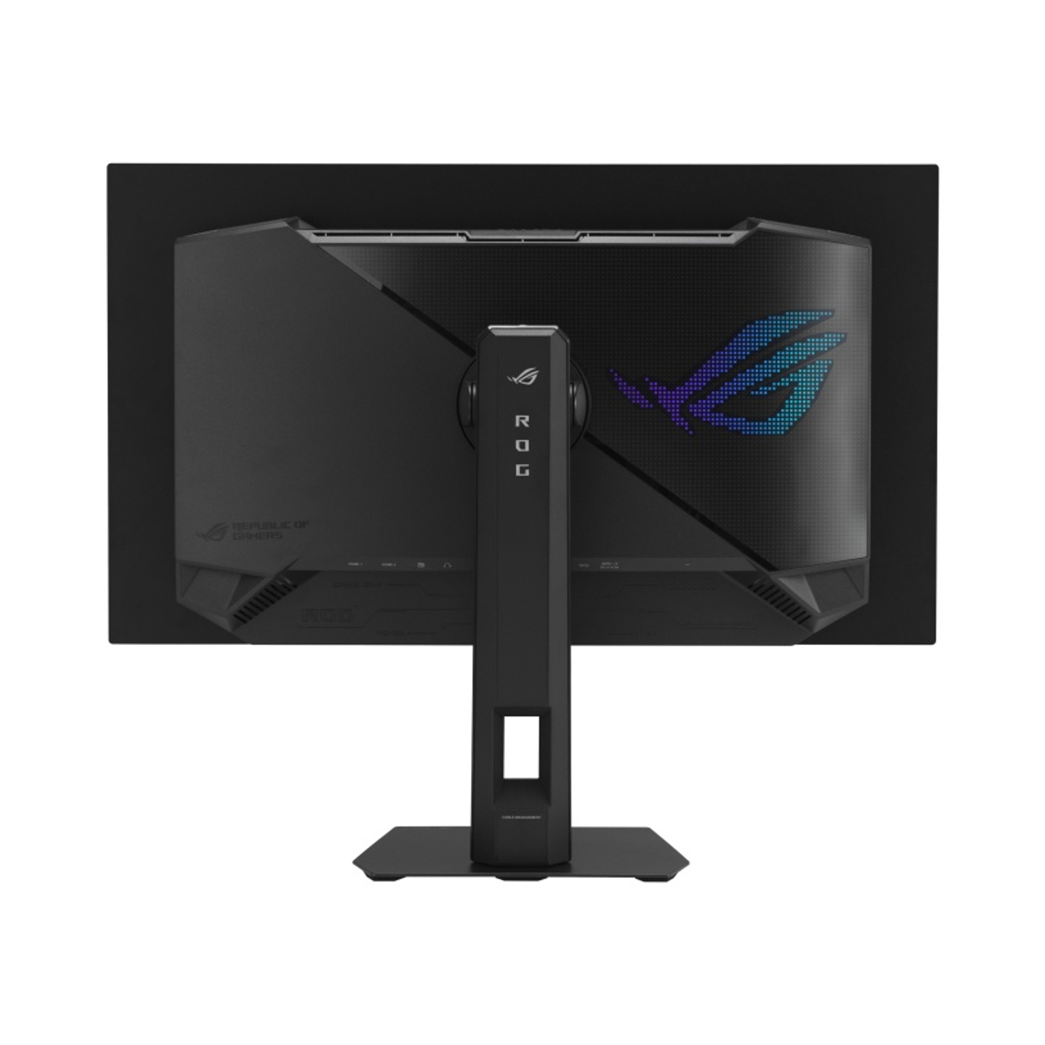 Vista posteriore di un monitor nero con logo ROG e illuminazione RGB.