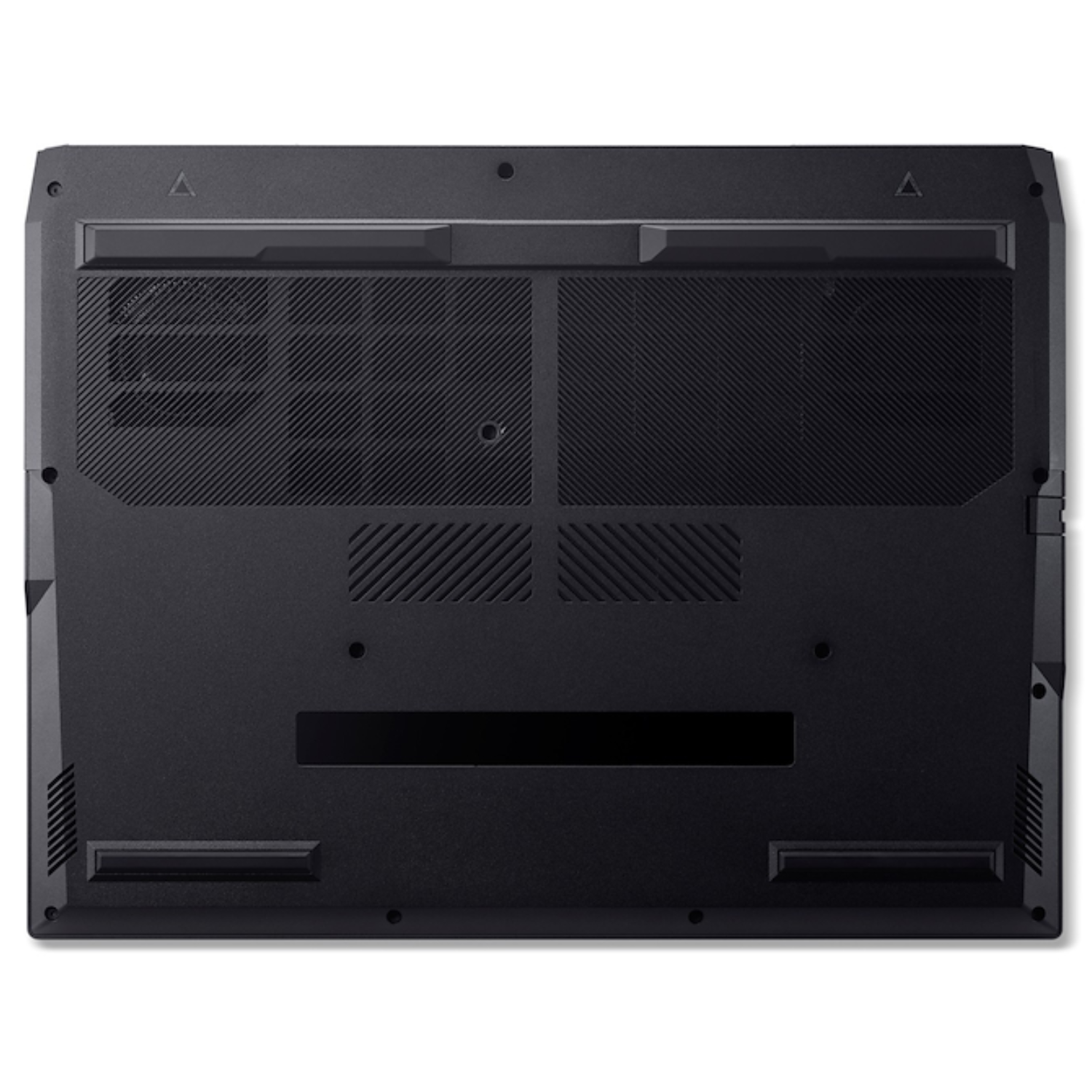 Parte inferior de un portátil negro con rejillas de ventilación y tornillos.