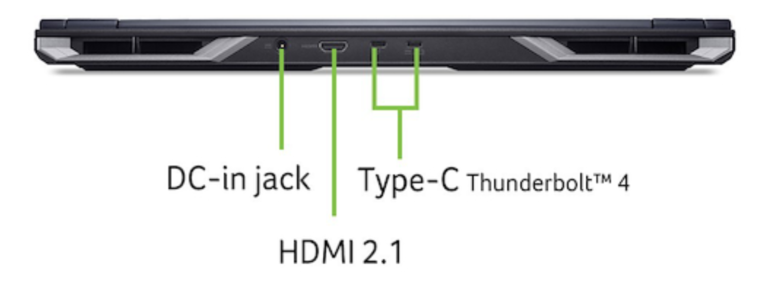 Lateral de puertos de portátil: conector CC, HDMI 2.1 y puertos Type-C Thunderbolt 4.