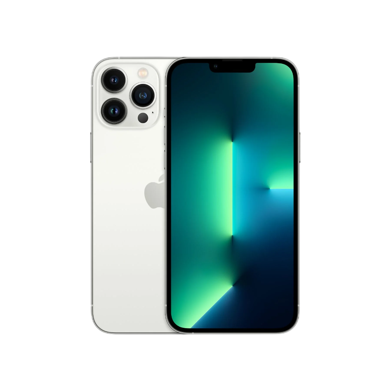 Üç kameralı beyaz iPhone ve yeşil ekran.