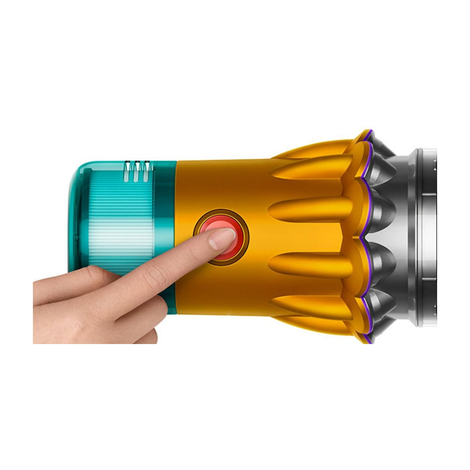 Una mano preme un pulsante rosso su una parte gialla dell'aspirapolvere con contenitore blu.