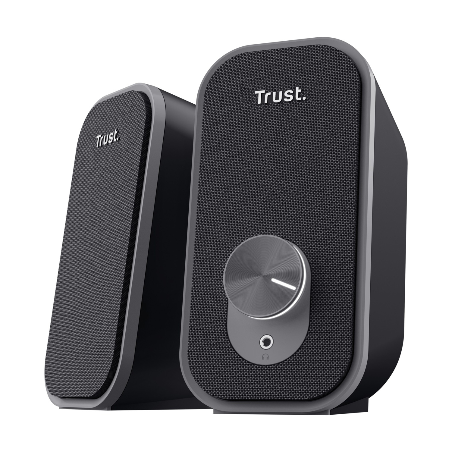 Due altoparlanti Trust neri con frontale in tessuto e manopola argento.