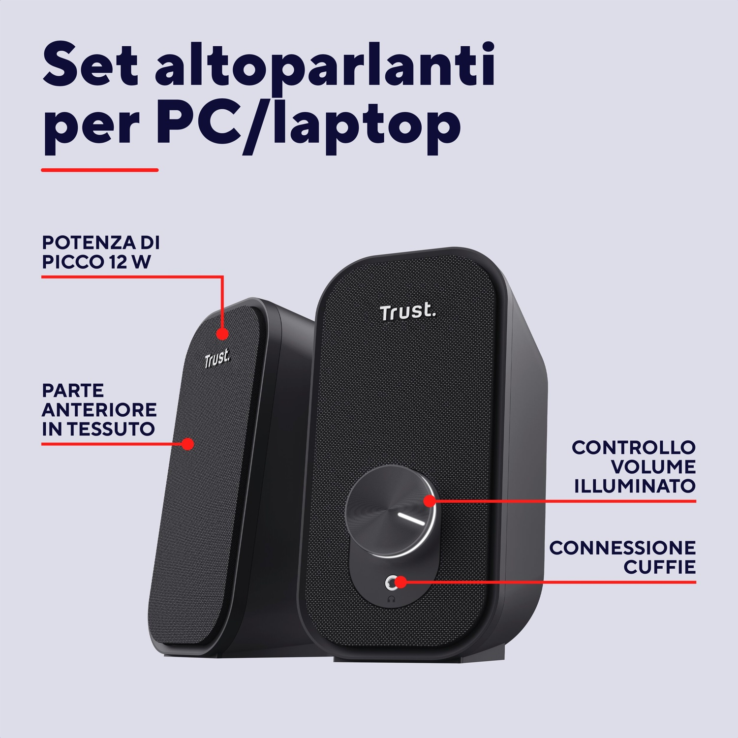 Due altoparlanti PC neri con frontale in tessuto e controllo volume illuminato.
