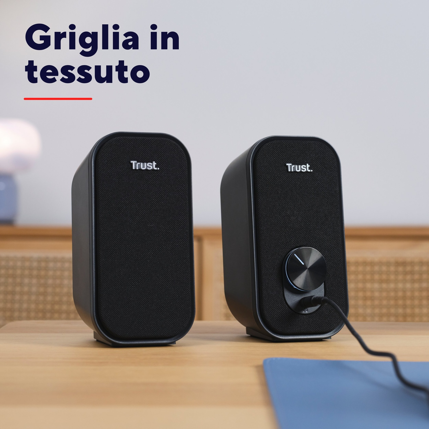 Due altoparlanti neri con griglia in tessuto su un tavolo di legno.