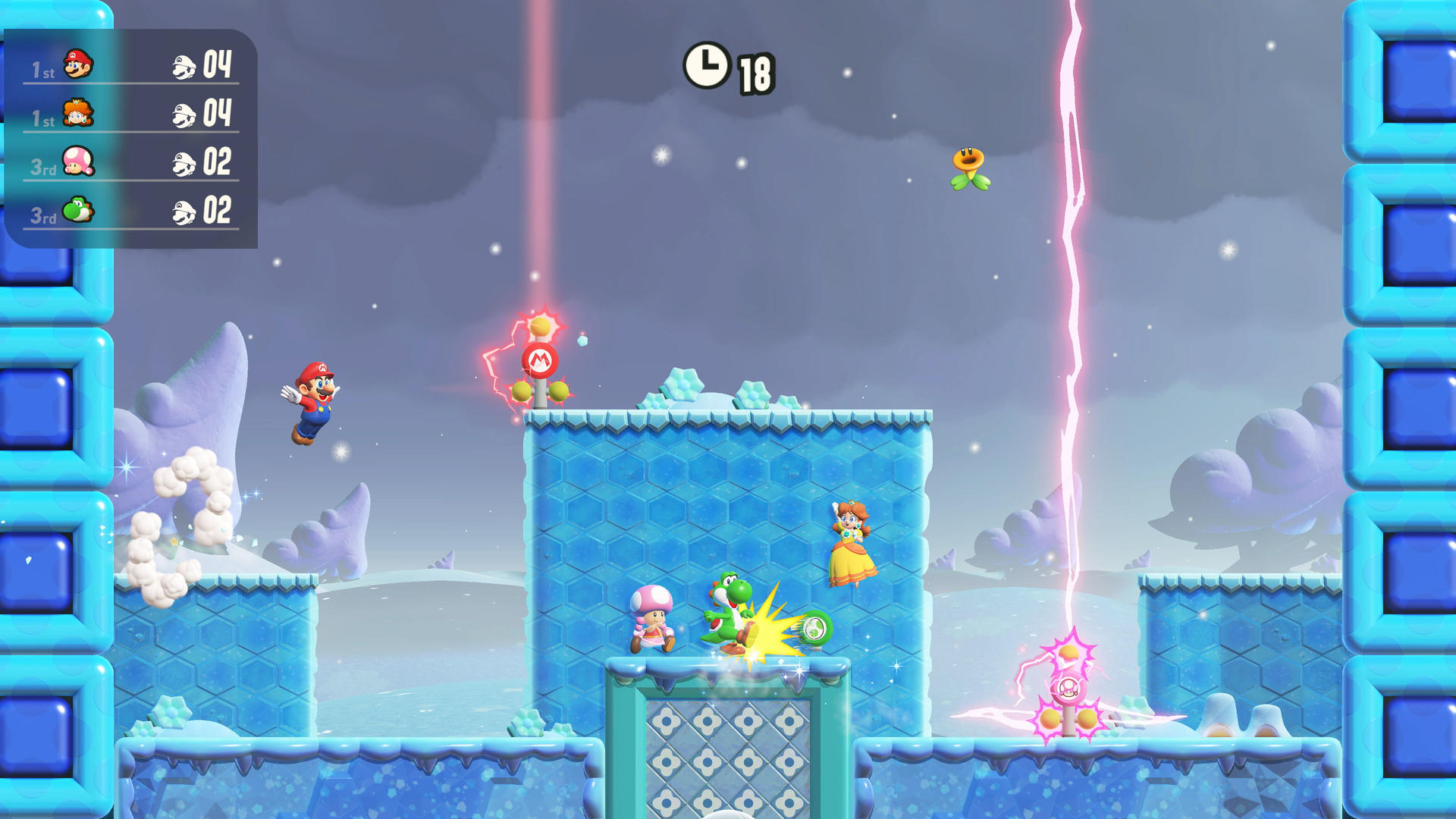 Mario springt terwijl Yoshi, Toad en Daisy vechten op een ijsplatform.