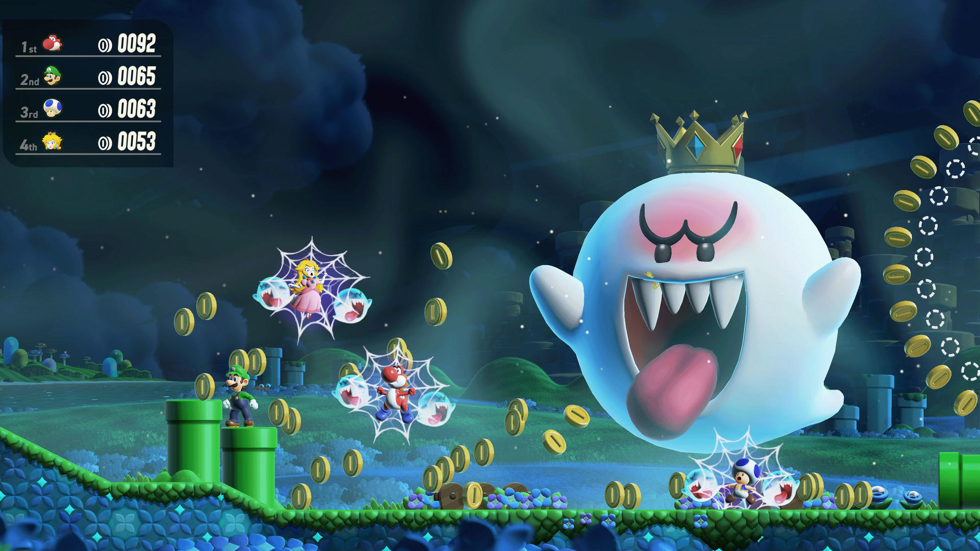 King Boo jaagt op Mario, Luigi, Peach en Toad door een donkere wereld vol munten.