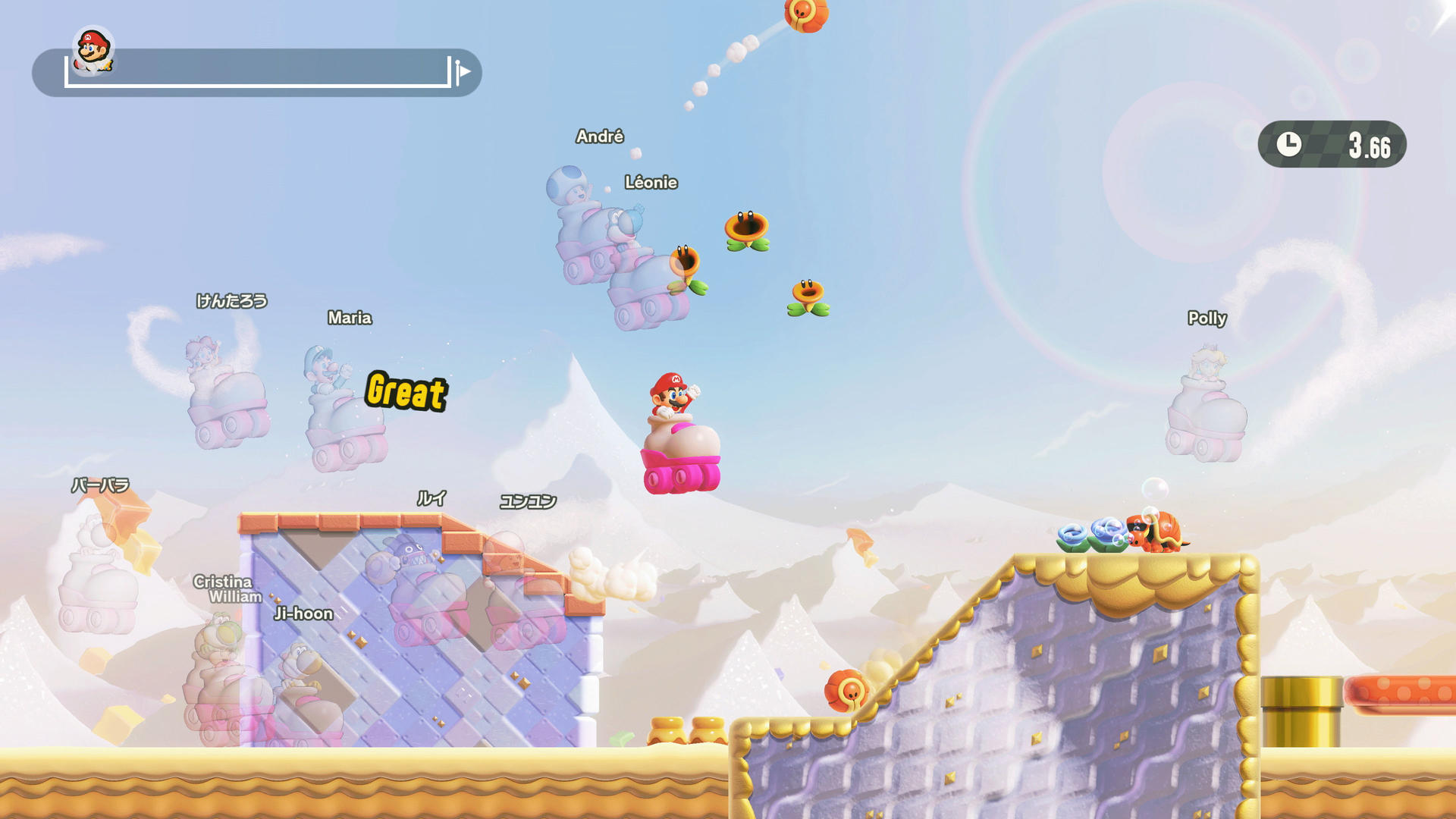 Mario op een roze voertuig met andere spelers en Piranha Planten in de lucht.