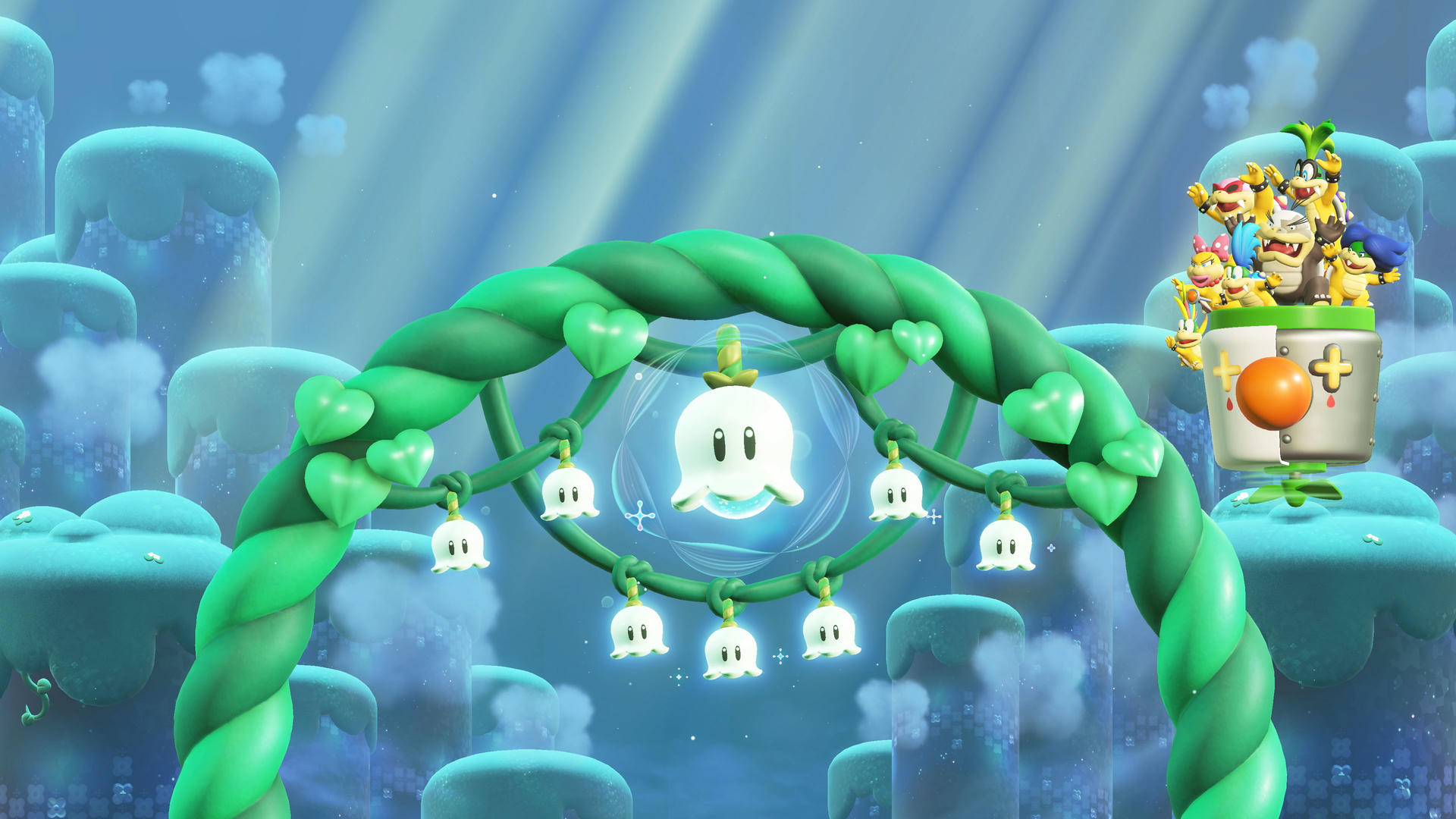 Een witte geest hangt aan een groene rankenboog met harten. Koopa's staan op een platform.