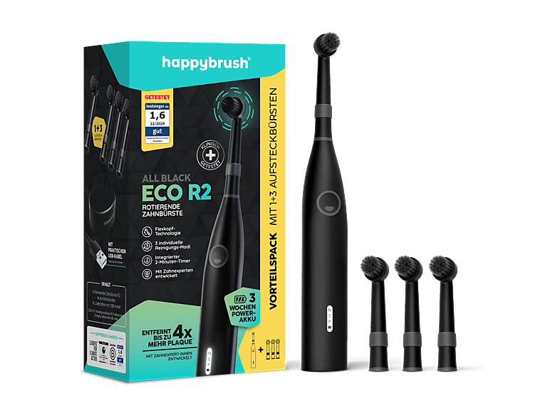 happybrush ECO R2 Rotierende Zahnbürste+ 3 Aufsteckbürsten Allblack