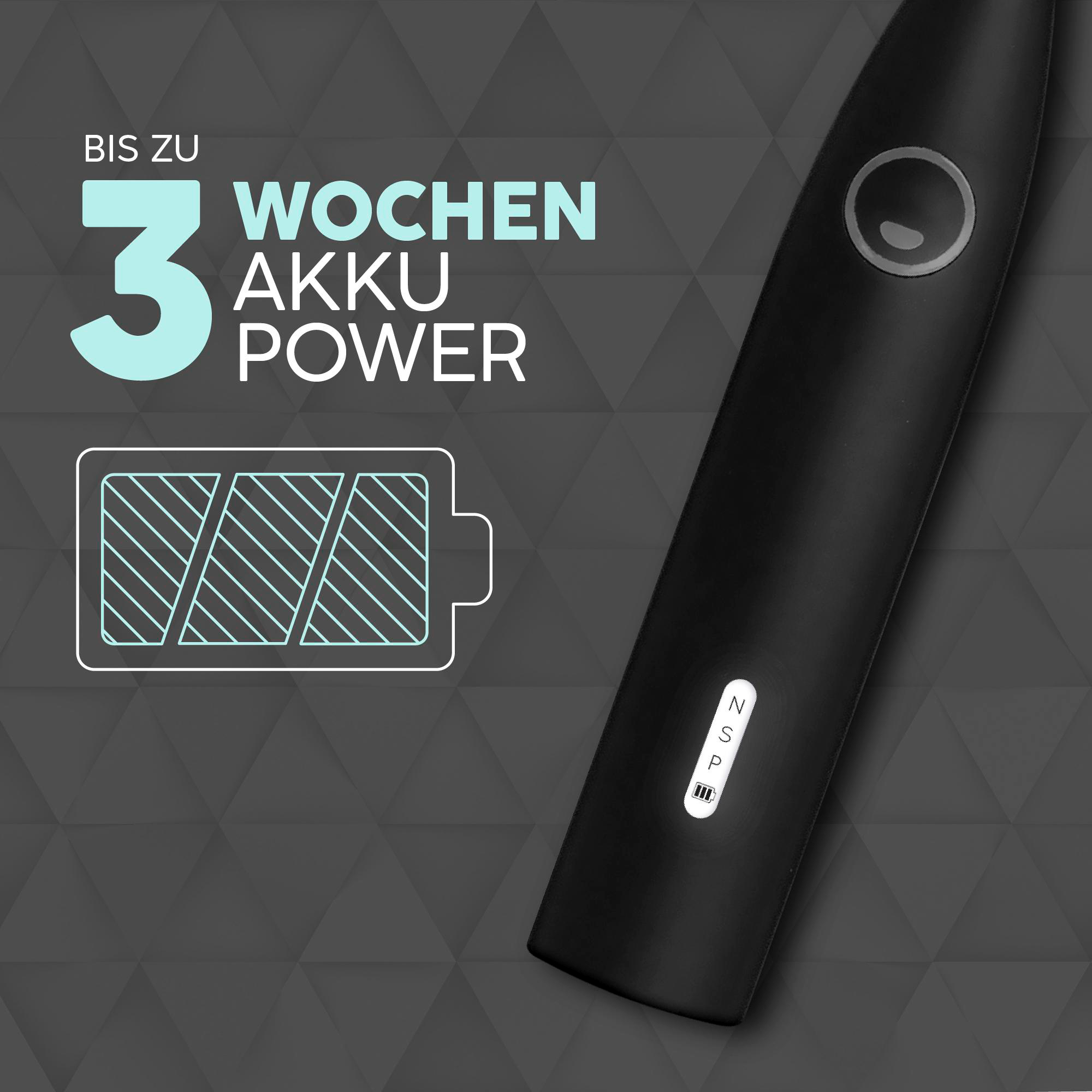 Bis zu 3 Wochen Akku-Power. Schwarzes Gerät mit Ladeanzeige.