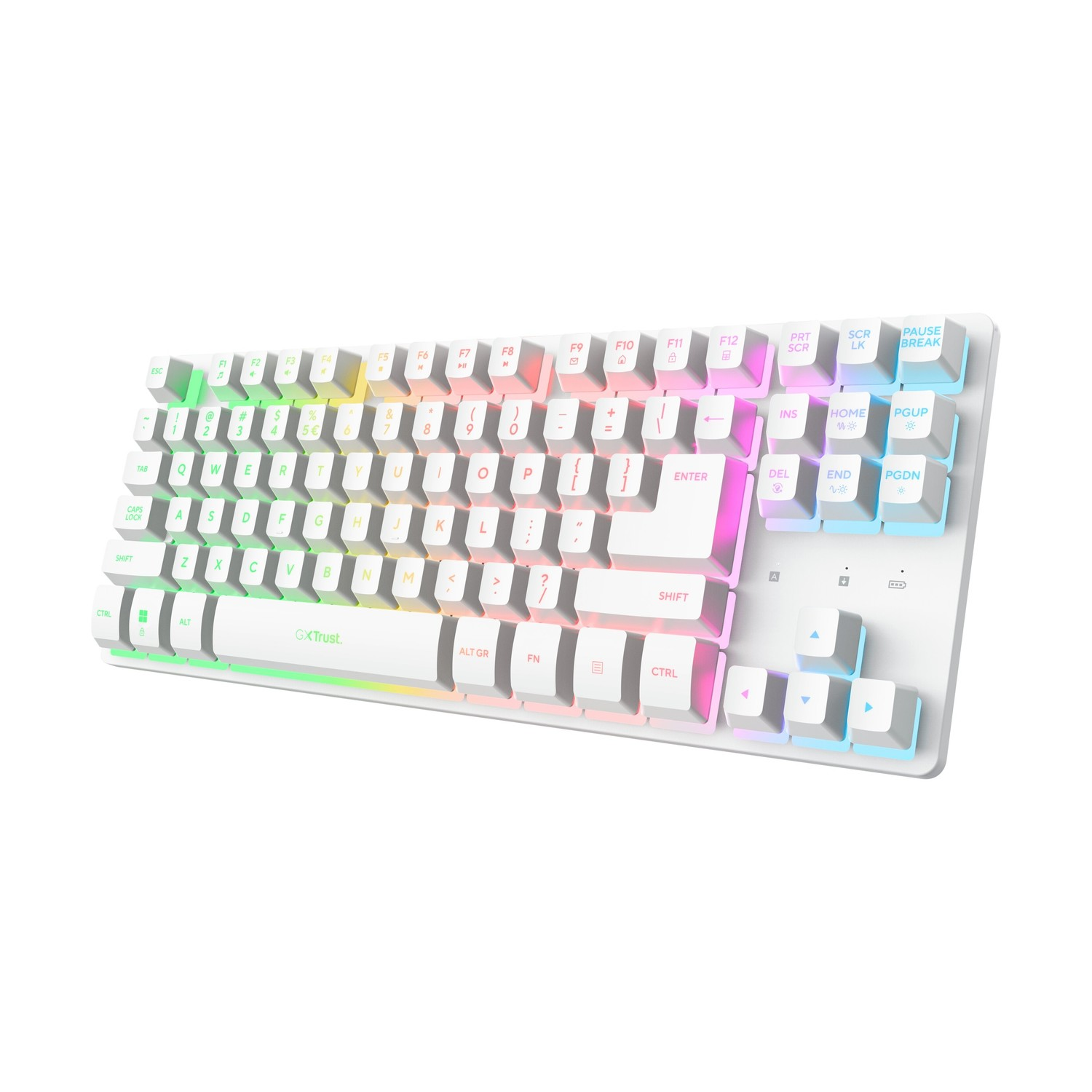 Tastiera bianca con illuminazione RGB, che sfuma da verde a rosa a blu da sinistra a destra.