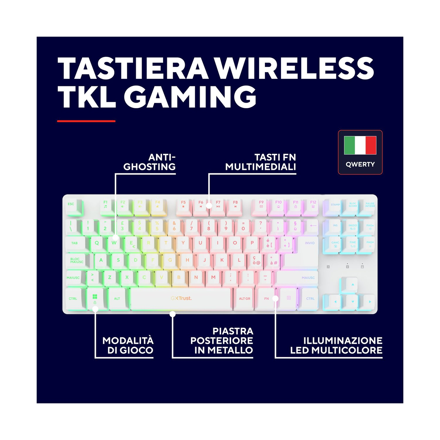 Tastiera gaming bianca retroilluminata RGB con layout QWERTY italiano.
