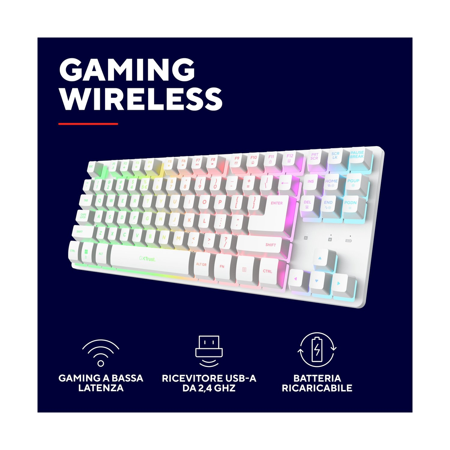 Tastiera gaming bianca con illuminazione RGB e tasti in italiano.