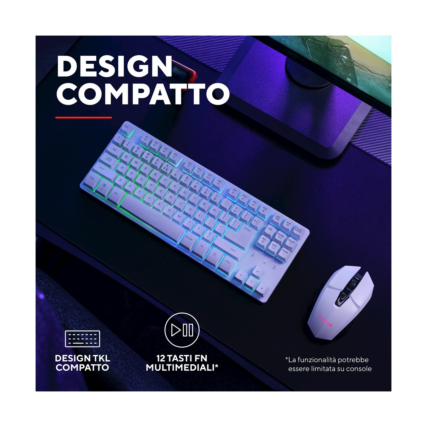Tastiera e mouse gaming bianchi con illuminazione RGB su scrivania nera.