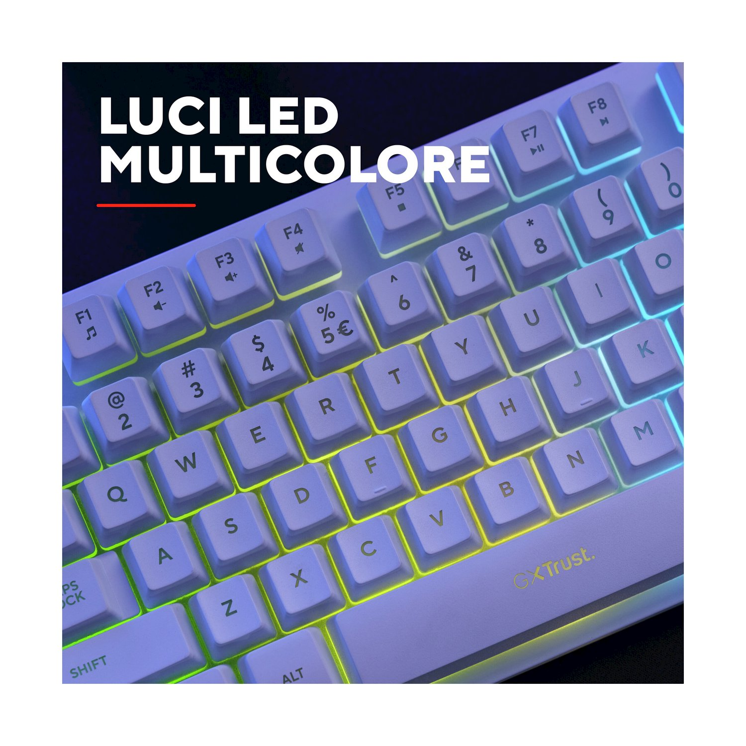 Tastiera bianca con retroilluminazione LED multicolore.