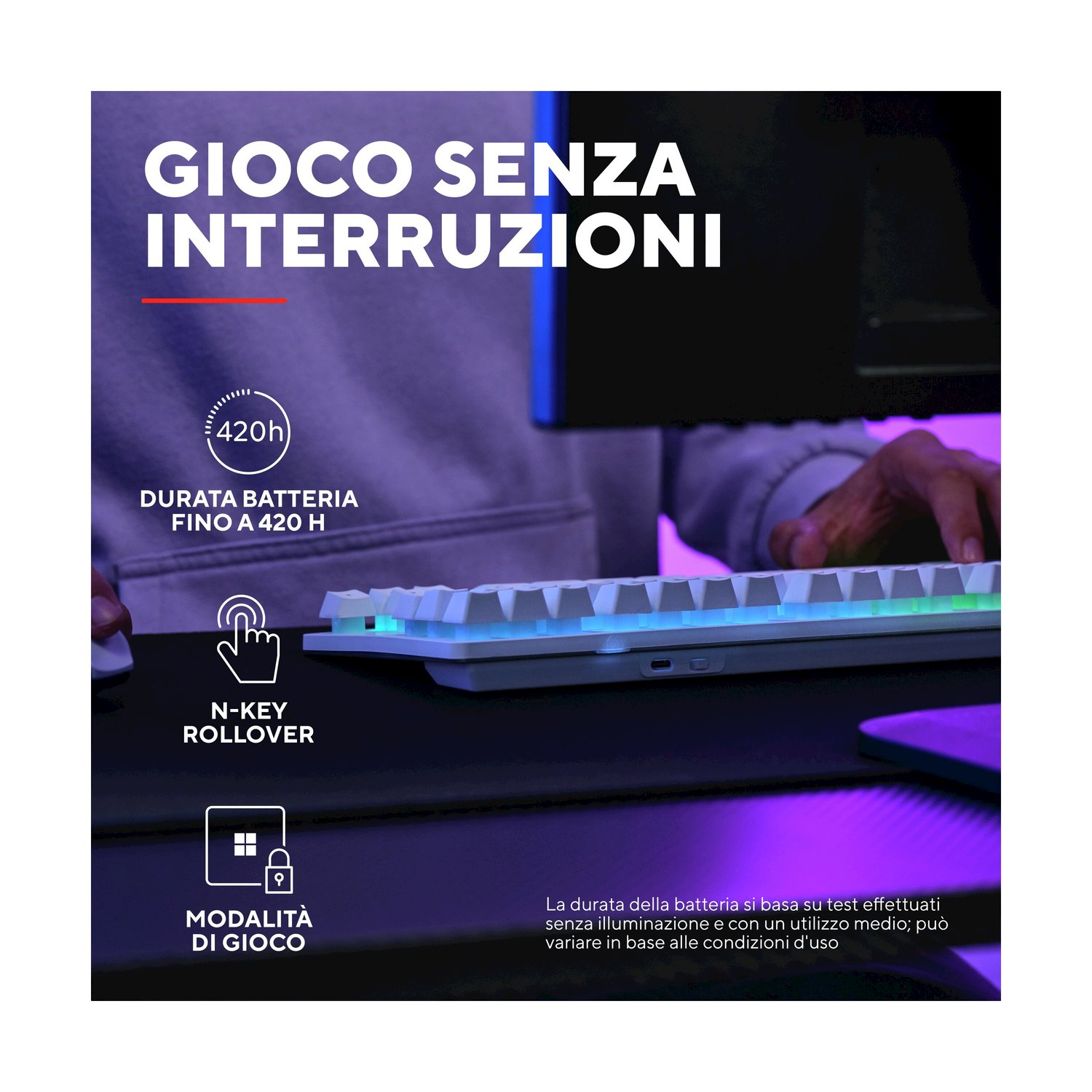 Tastiera bianca con illuminazione RGB, N-Key Rollover e 420h di batteria.