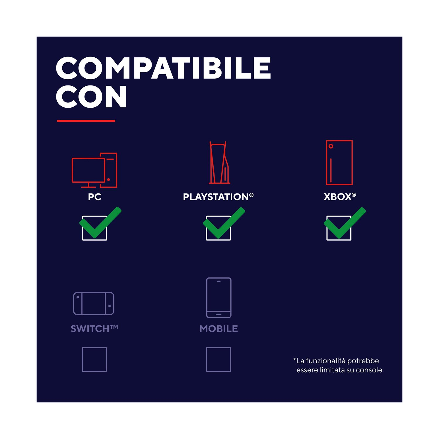 Compatibile con PC, PlayStation, Xbox, Switch e dispositivi mobili. Nota: la funzione può essere limitata.