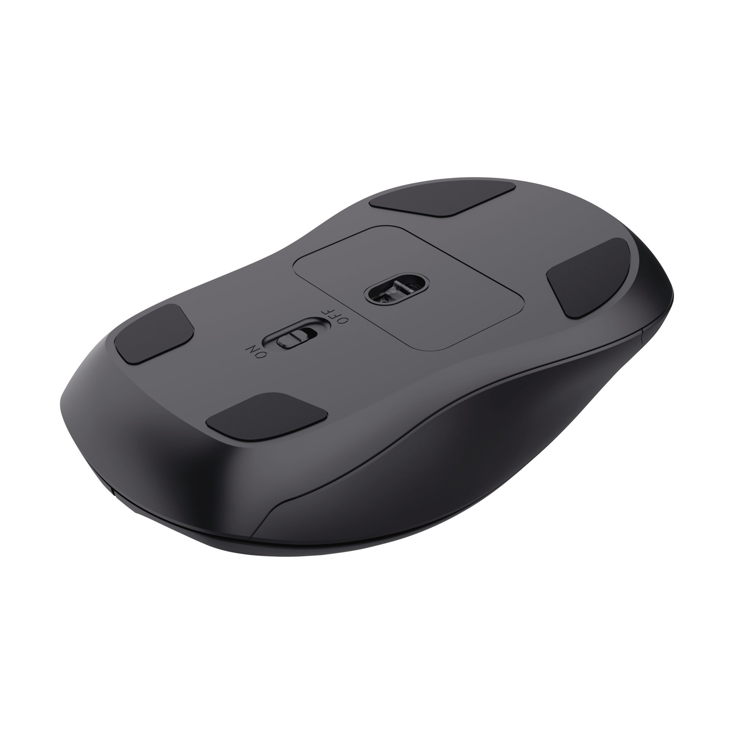 Parte inferiore di un mouse per computer nero con interruttore on/off.
