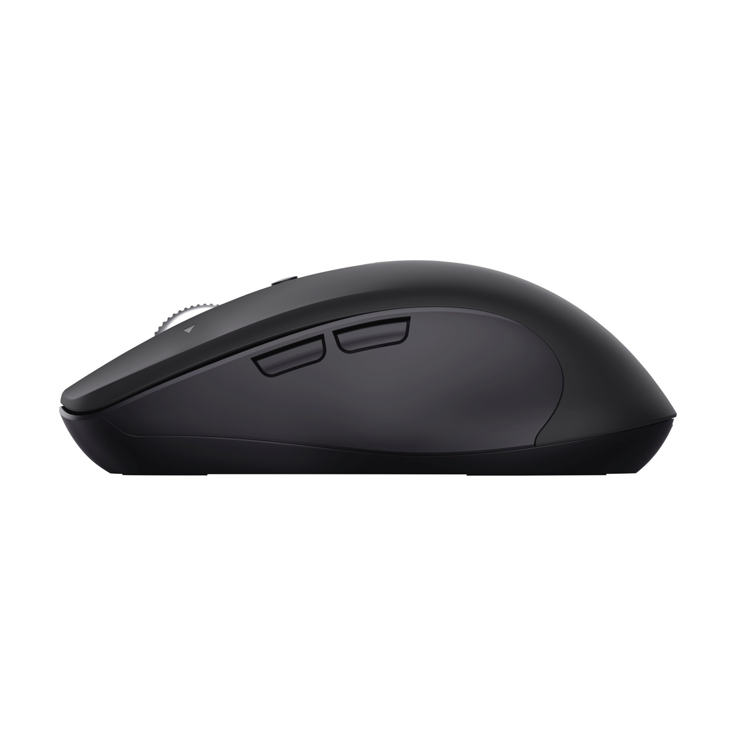 Mouse del computer nero con rotella di scorrimento e due pulsanti, visto di lato.