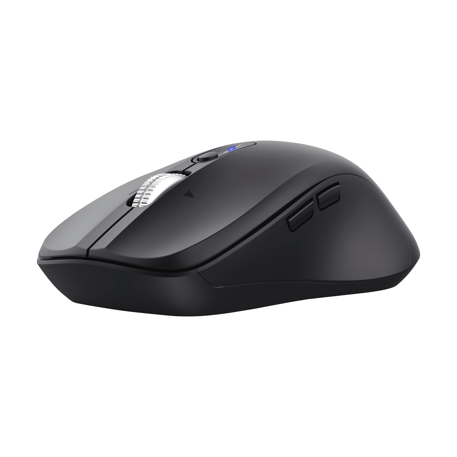 Mouse per computer nero con rotellina di scorrimento e LED blu.