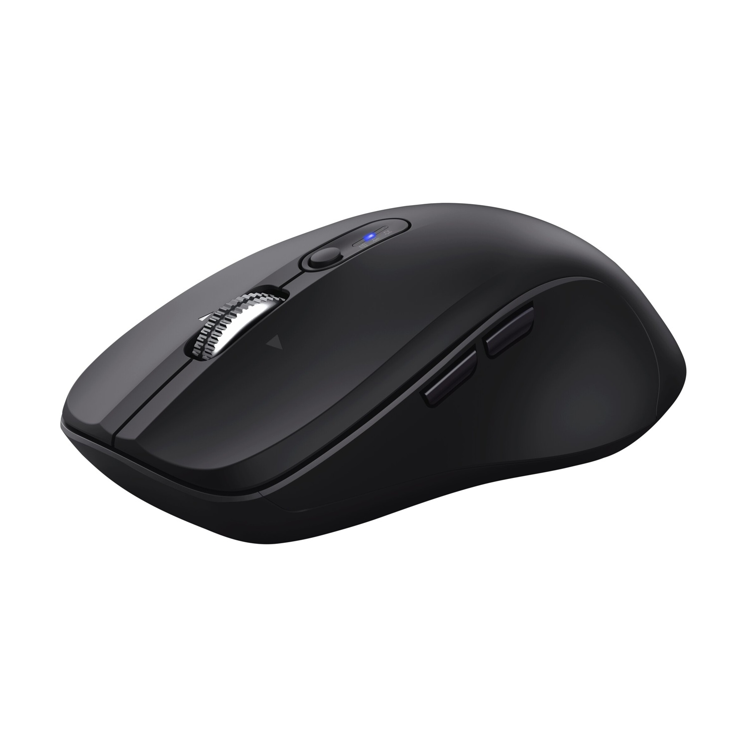 Mouse wireless nero per computer con rotellina di scorrimento e pulsanti.