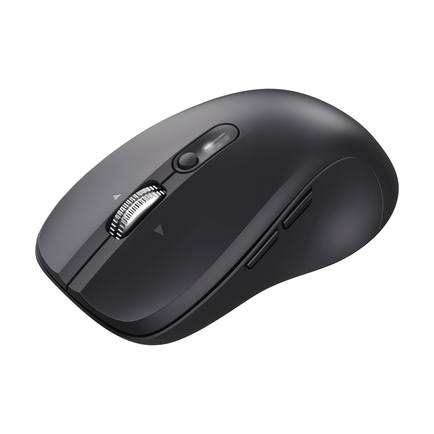 Un mouse wireless nero con rotellina di scorrimento e pulsanti.