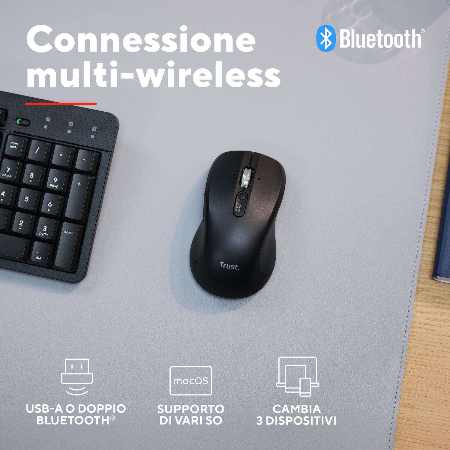 Mouse e tastiera neri con logo Bluetooth e testo.